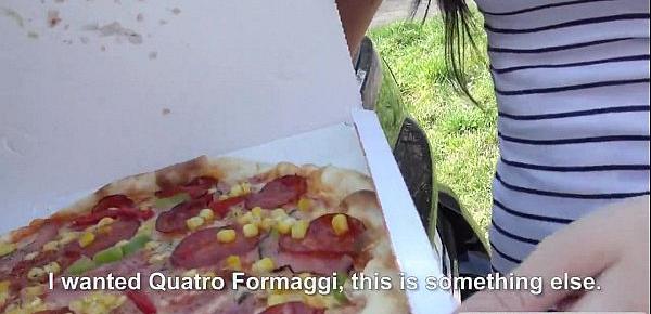  Delivery pizza girl bangs in public outdoors